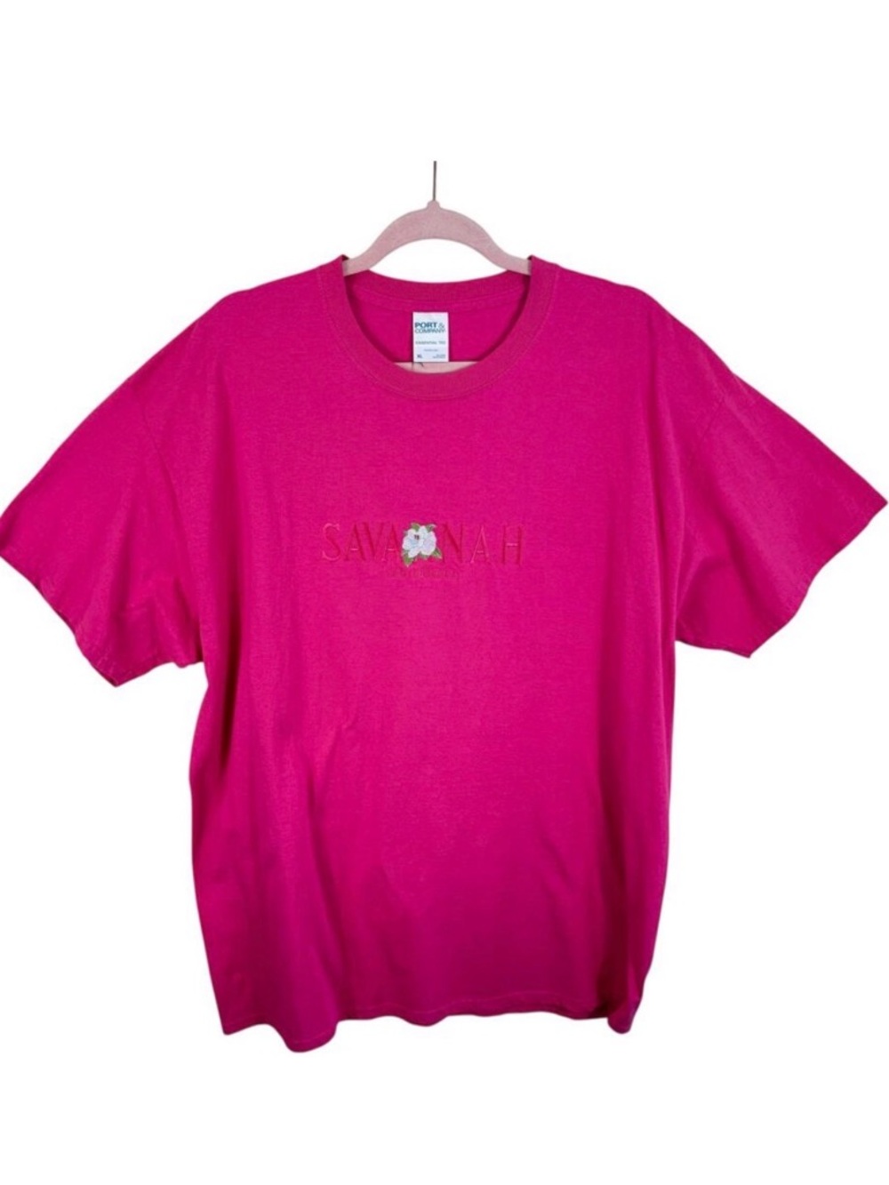 Savannah Georgia Embroidered Flower 100% Cotton‎ Pink Short Sleeve T-Shirt Sz XL